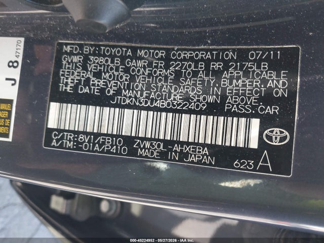 Aukcja sprzedaży 2011 Toyota Prius Two, vin: JTDKN3DU4B0322409, numer aukcji: 45224952