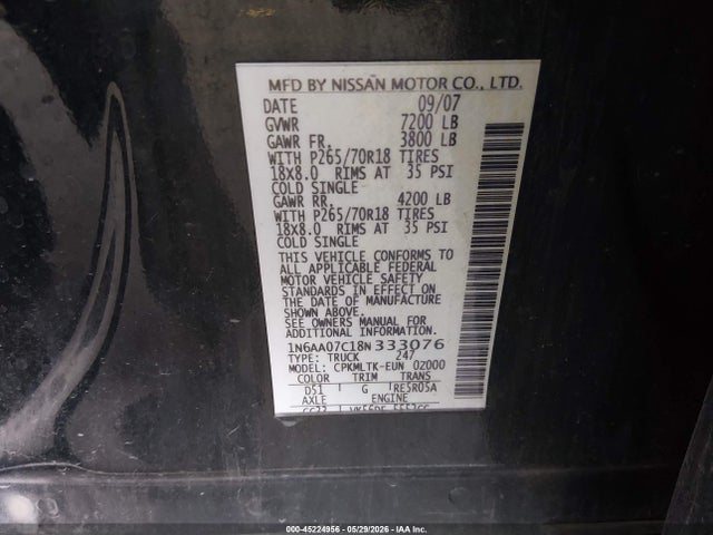Продаж на аукціоні авто 2008 Nissan Titan Se, vin: 1N6AA07C18N333076, номер лоту: 45224956
