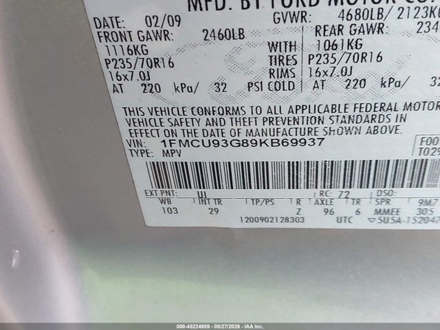 45224959 :رقم المزاد ، 1FMCU93G89KB69937 vin ، 2009 Ford Escape Xlt مزاد بيع