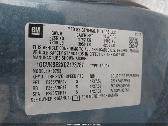 45224968 :رقم المزاد ، 1GCVKSE2XCZ173787 vin ، 2012 Chevrolet Silverado 1500 Lt مزاد بيع