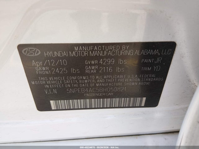 45224970 :رقم المزاد ، 5NPEB4AC5BH050821 vin ، 2011 Hyundai Sonata Gls مزاد بيع