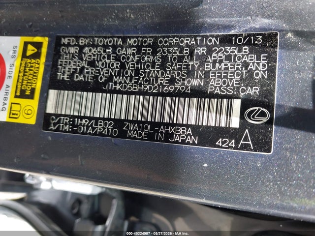 Aukcja sprzedaży 2013 Lexus Ct 200h, vin: JTHKD5BH9D2169794, numer aukcji: 45224987