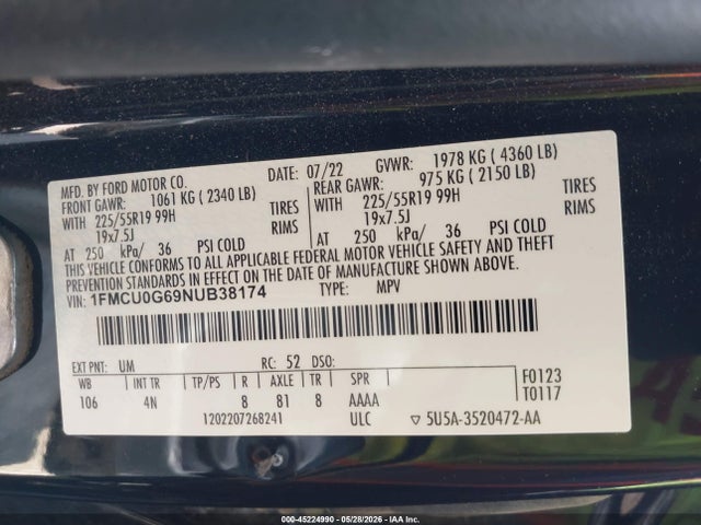 45224990 :رقم المزاد ، 1FMCU0G69NUB38174 vin ، 2022 Ford Escape Se مزاد بيع