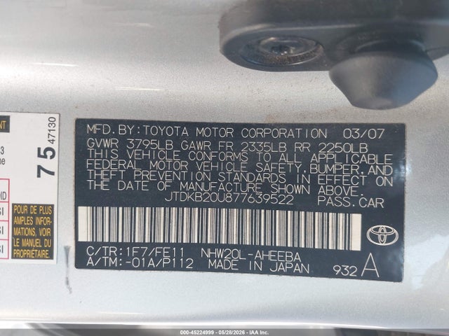 Aukcja sprzedaży 2007 Toyota Prius, vin: JTDKB20U877639522, numer aukcji: 45224999