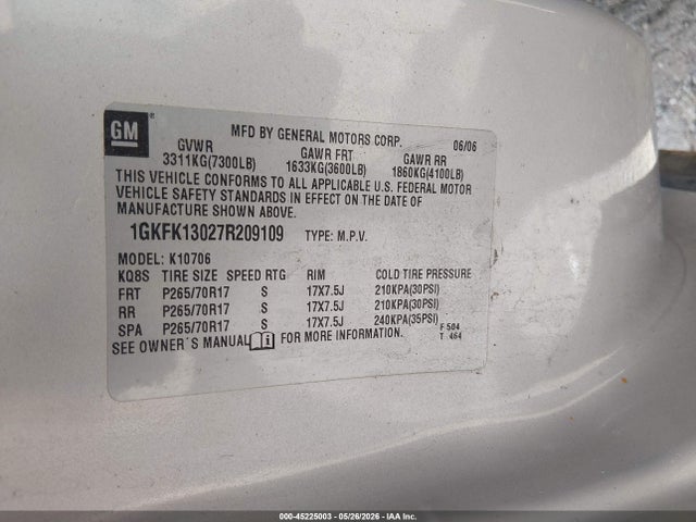 Продаж на аукціоні авто 2007 Gmc Yukon Slt, vin: 1GKFK13027R209109, номер лоту: 45225003