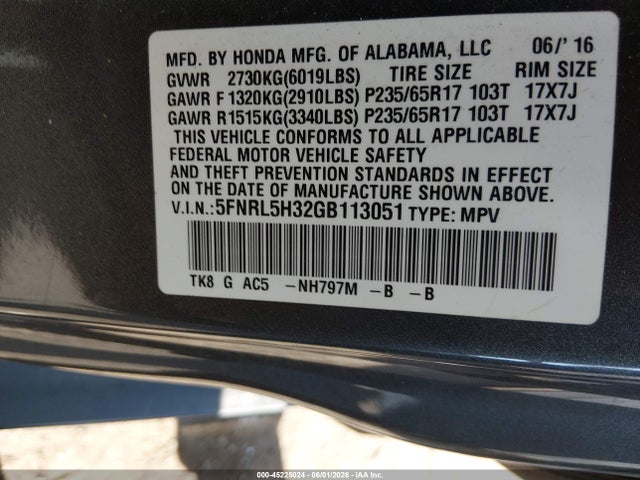 Продажа на аукционе авто 2016 Honda Odyssey Se, vin: 5FNRL5H32GB113051, номер лота: 45225024
