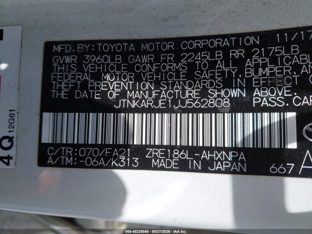 45225040 :رقم المزاد ، JTNKARJE1JJ562808 vin ، 2018 Toyota Corolla Im مزاد بيع