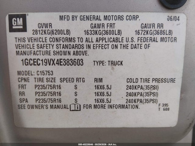 45225046 :رقم المزاد ، 1GCEC19VX4E383603 vin ، 2004 Chevrolet Silverado 1500 Work Truck مزاد بيع