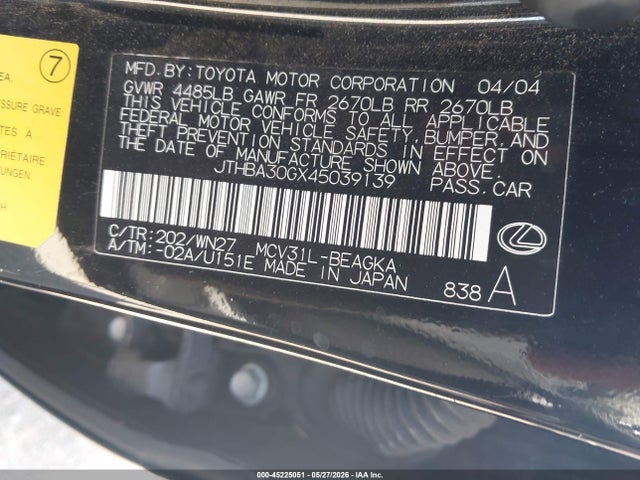 Продажа на аукционе авто 2004 Lexus Es 330, vin: JTHBA30GX45039139, номер лота: 45225051