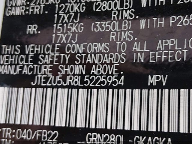 45225055 :رقم المزاد ، JTEZU5JR8L5225954 vin ، 2020 Toyota 4runner Sr5 مزاد بيع