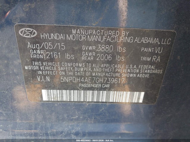 Aukcja sprzedaży 2016 Hyundai Elantra Se, vin: 5NPDH4AE7GH739617, numer aukcji: 45225083