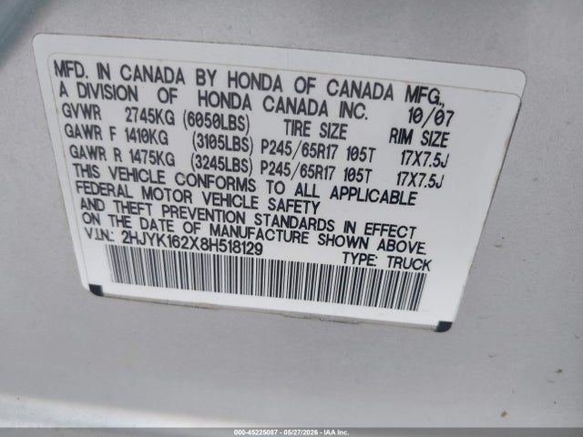 Aukcja sprzedaży 2008 Honda Ridgeline Rt, vin: 2HJYK162X8H518129, numer aukcji: 45225087