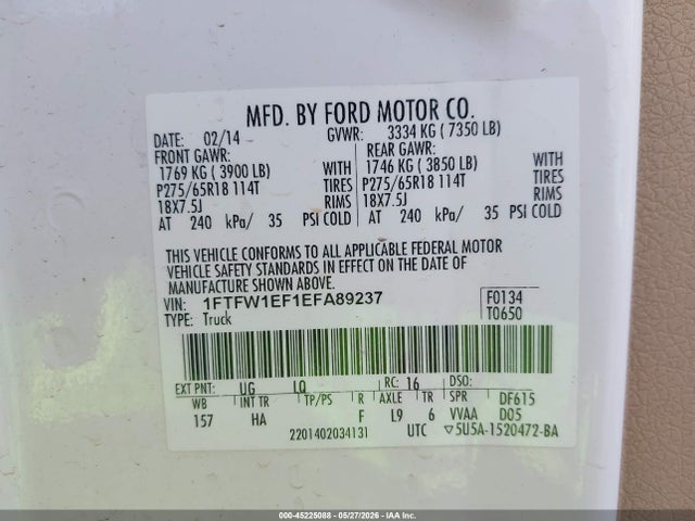 Aukcja sprzedaży 2014 Ford F-150 Lariat, vin: 1FTFW1EF1EFA89237, numer aukcji: 45225088