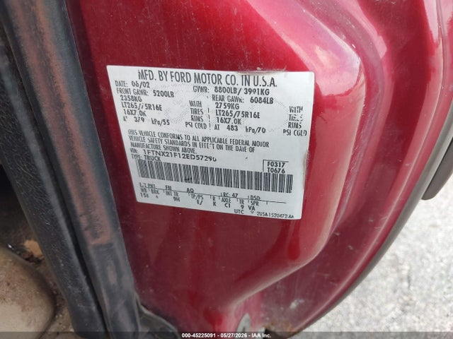Auction sale of the 2002 Ford F-250 Lariat/xl/xlt, vin: 1FTNX21F12ED57290, lot number: 45225091