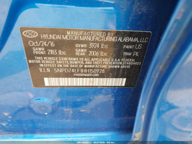2017 Hyundai Elantra Se მანქანა იყიდება აუქციონზე, vin: 5NPD74LF1HH150928, აუქციონის ნომერი: 45225111