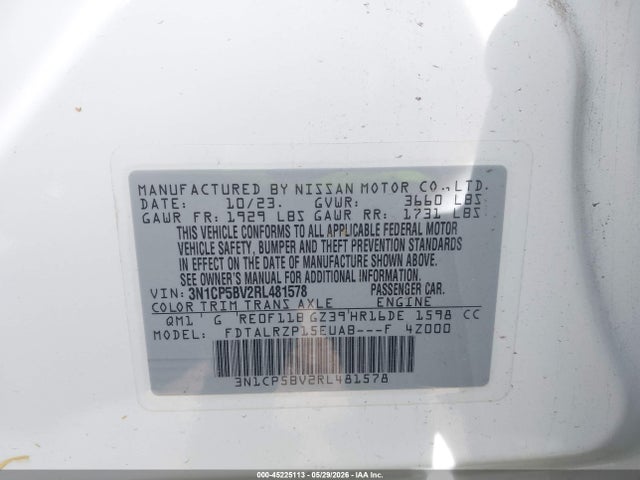 Продаж на аукціоні авто 2024 Nissan Kicks S Xtronic Cvt, vin: 3N1CP5BV2RL481578, номер лоту: 45225113
