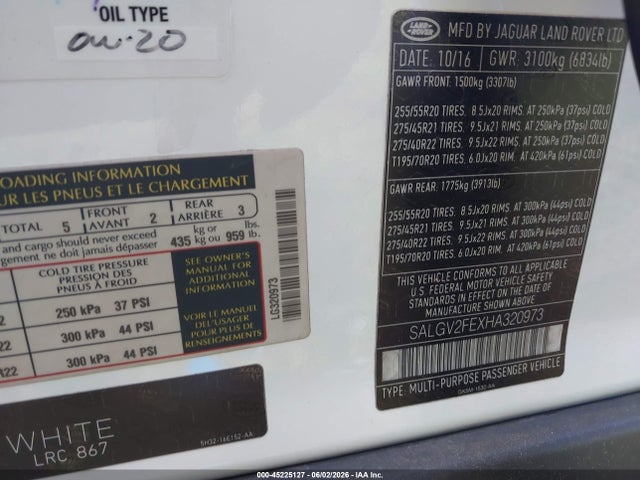 Продажа на аукционе авто 2017 Land Rover Range Rover 5.0l V8 Supercharged Autobiography, vin: SALGV2FEXHA320973, номер лота: 45225127