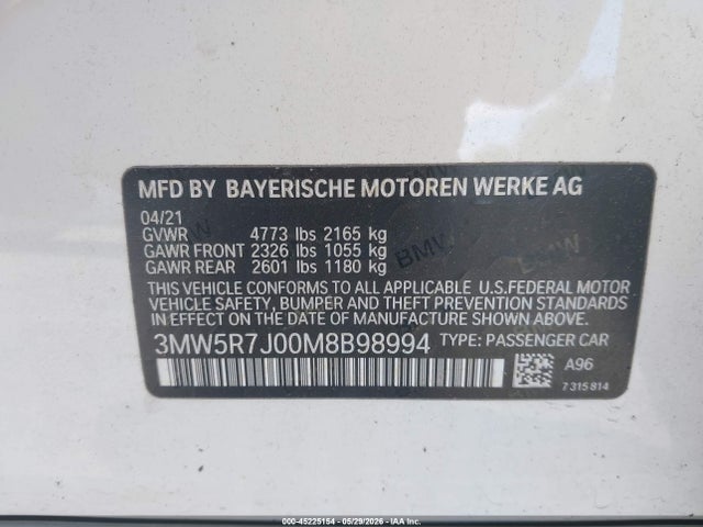 Продаж на аукціоні авто 2021 Bmw 330i Xdrive, vin: 3MW5R7J00M8B98994, номер лоту: 45225154