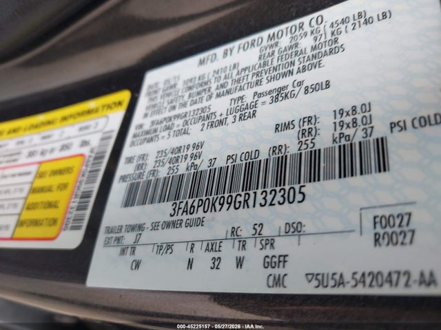 Aukcja sprzedaży 2016 Ford Fusion Titanium, vin: 3FA6P0K99GR132305, numer aukcji: 45225157