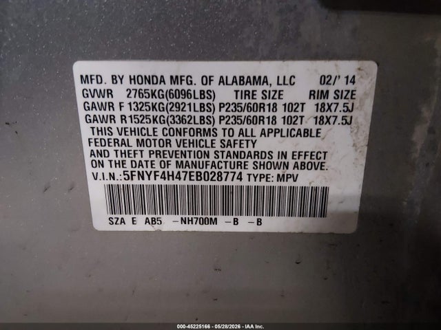 5FNYF4H47EB028774 Honda Pilot Ex