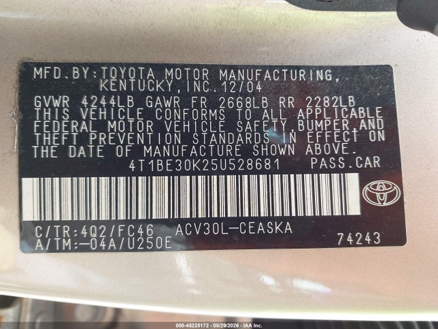 Продажа на аукционе авто 2005 Toyota Camry Se, vin: 4T1BE30K25U528681, номер лота: 45225172