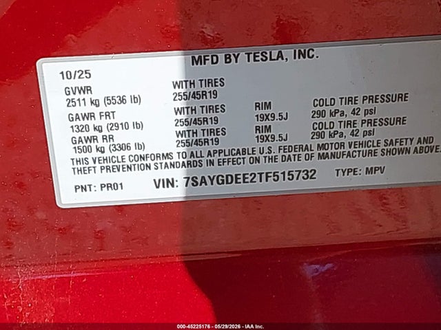 Продаж на аукціоні авто 2026 Tesla Model Y All-wheel Drive/long Range Launch Series/premium All-wheel Drive, vin: 7SAYGDEE2TF515732, номер лоту: 45225176