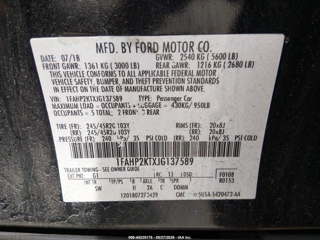 Aukcja sprzedaży 2018 Ford Taurus Sho, vin: 1FAHP2KTXJG137589, numer aukcji: 45225178