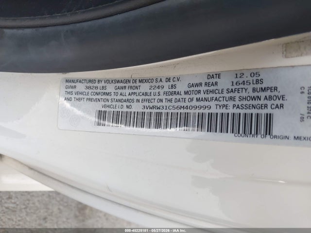 45225181 :رقم المزاد ، 3VWRW31C56M409999 vin ، 2006 Volkswagen New Beetle 2.5/2.5 (a6) مزاد بيع