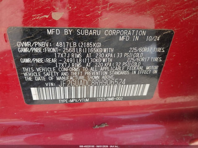 Aukcja sprzedaży 2024 Subaru Crosstrek Premium, vin: JF2GUADC8RH906524, numer aukcji: 45225185