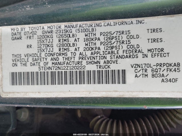 Aukcja sprzedaży 2002 Toyota Tacoma Base V6, vin: 5TEHN72N12Z120222, numer aukcji: 45225189