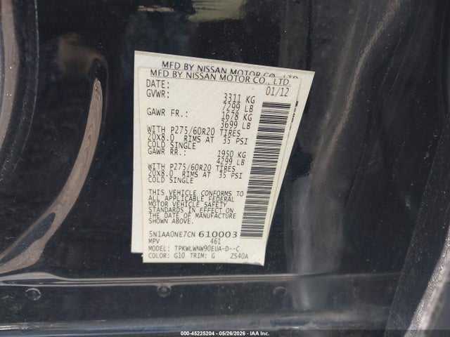 Aukcja sprzedaży 2012 Nissan Armada Platinum, vin: 5N1AA0NE7CN610003, numer aukcji: 45225204