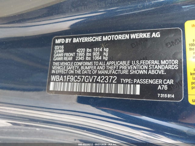 45225212 :رقم المزاد ، WBA1F9C57GV742372 vin ، 2016 Bmw 228i مزاد بيع