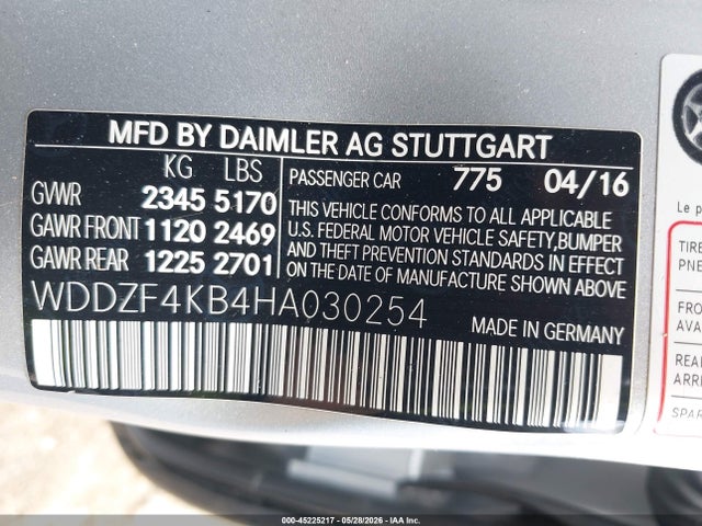 2017 Mercedes-benz E 300 4matic მანქანა იყიდება აუქციონზე, vin: WDDZF4KB4HA030254, აუქციონის ნომერი: 45225217