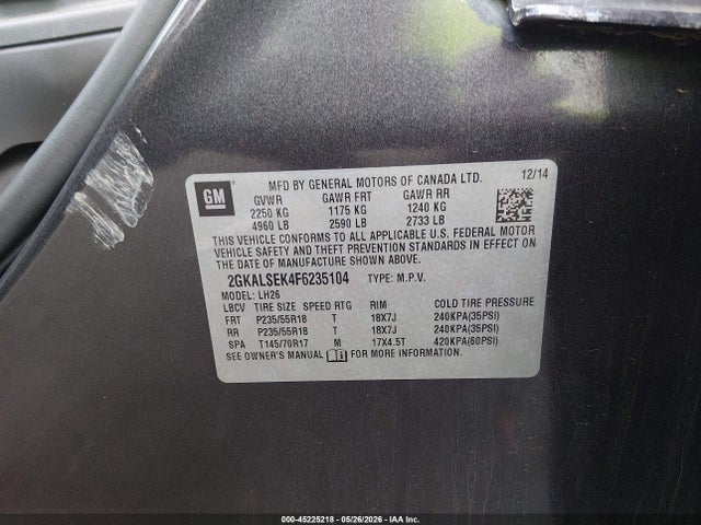 Aukcja sprzedaży 2015 Gmc Terrain Slt-1, vin: 2GKALSEK4F6235104, numer aukcji: 45225218