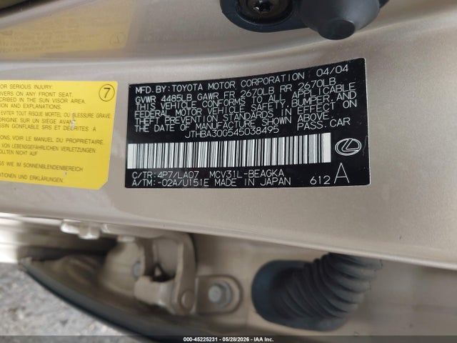 Aukcja sprzedaży 2004 Lexus Es 330, vin: JTHBA30G545038495, numer aukcji: 45225231