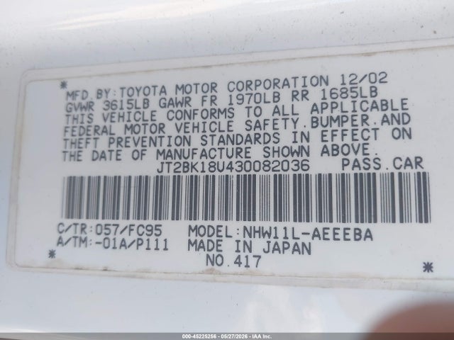 Aukcja sprzedaży 2003 Toyota Prius, vin: JT2BK18U430082036, numer aukcji: 45225256