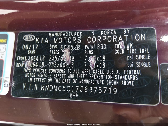 Aukcja sprzedaży 2018 Kia Sedona Ex, vin: KNDMC5C17J6376719, numer aukcji: 45225259