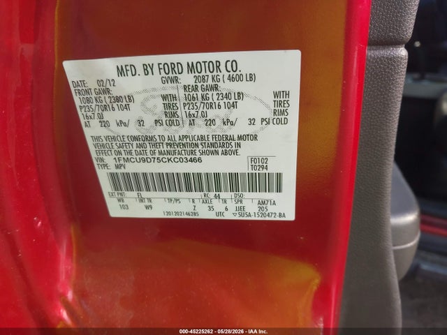 45225262 :رقم المزاد ، 1FMCU9D75CKC03466 vin ، 2012 Ford Escape Xlt مزاد بيع