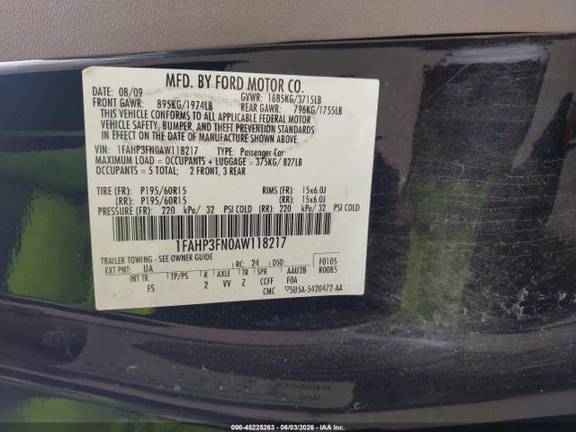2010 Ford Focus Se მანქანა იყიდება აუქციონზე, vin: 1FAHP3FN0AW118217, აუქციონის ნომერი: 45225263