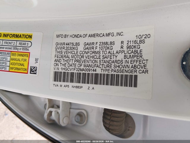 Aukcja sprzedaży 2021 Honda Accord Sport, vin: 1HGCV1F32MA009144, numer aukcji: 45225268