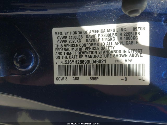45225275 :رقم المزاد ، 5J6YH28693L046021 vin ، 2003 Honda Element Ex مزاد بيع