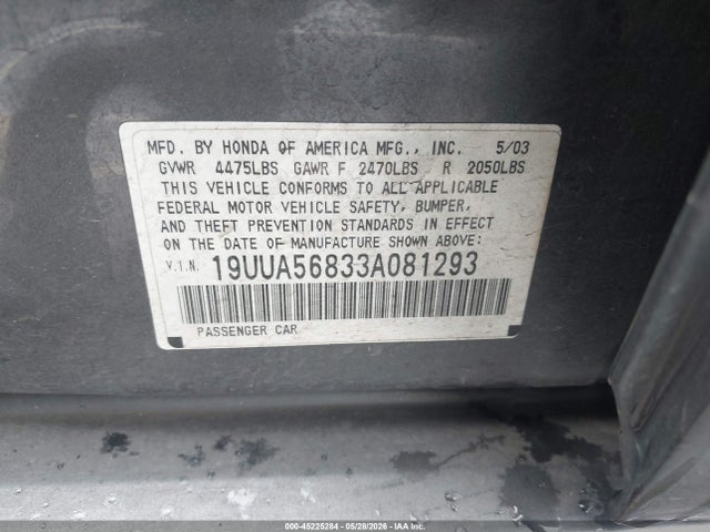 Продаж на аукціоні авто 2003 Acura Tl 3.2 Type S, vin: 19UUA56833A081293, номер лоту: 45225284