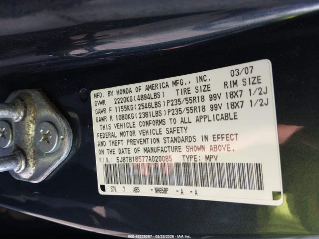 Aukcja sprzedaży 2007 Acura Rdx, vin: 5J8TB18577A020085, numer aukcji: 45225287