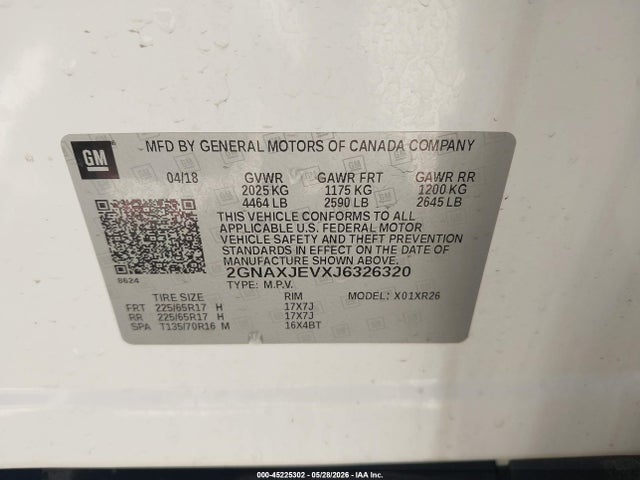 Продажа на аукционе авто 2018 Chevrolet Equinox Lt, vin: 2GNAXJEVXJ6326320, номер лота: 45225302