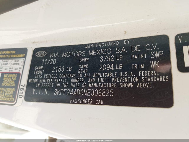 Продаж на аукціоні авто 2021 Kia Forte Lxs, vin: 3KPF24AD6ME306825, номер лоту: 45225315