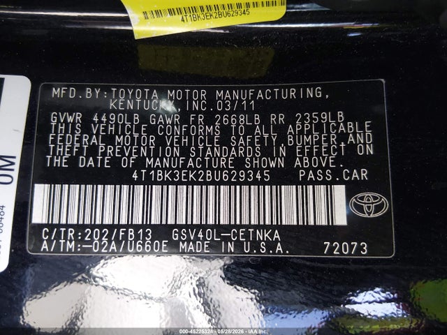 2011 Toyota Camry Le V6 მანქანა იყიდება აუქციონზე, vin: 4T1BK3EK2BU629345, აუქციონის ნომერი: 45225324