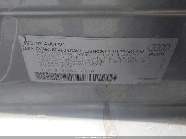 Aukcja sprzedaży 2008 Audi A4, vin: WAUDF78EX8A161810, numer aukcji: 45225334
