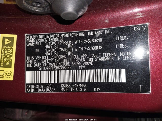 5TDJZRFH5HS398939 Toyota Highlander Xle