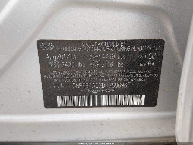 45225389 :رقم المزاد ، 5NPEB4ACXDH788696 vin ، 2013 Hyundai Sonata Gls مزاد بيع