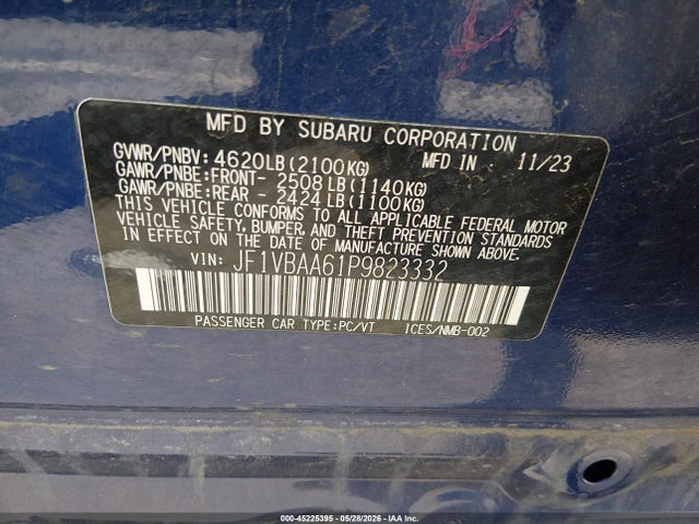 45225395 :رقم المزاد ، JF1VBAA61P9823332 vin ، 2023 Subaru Wrx مزاد بيع